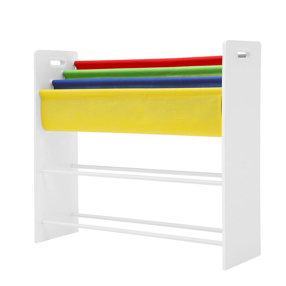 Keezi Kids Bookcase featuring three shelves and six colorful removable storage boxes, designed for children's books and toy organization.